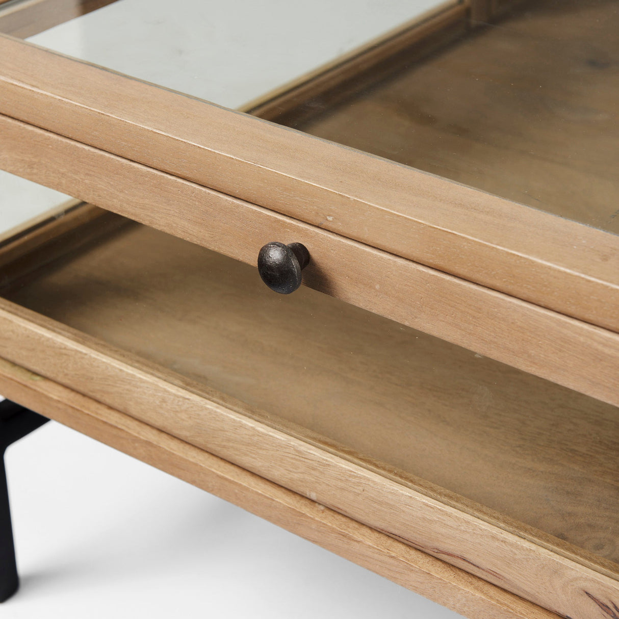 Arelius 42" Square Glass-Top Light Brown w/ Black Metal Base Display Coffee Table by Mercana at Eve Furniture