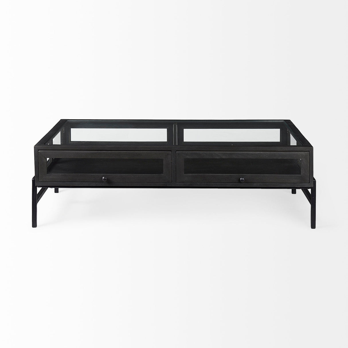 Arelius 42"L Rectangular Glass-Top Black-Brown Wood w/ Black Metal Base Display Coffee Table by Mercana at Eve Furniture
