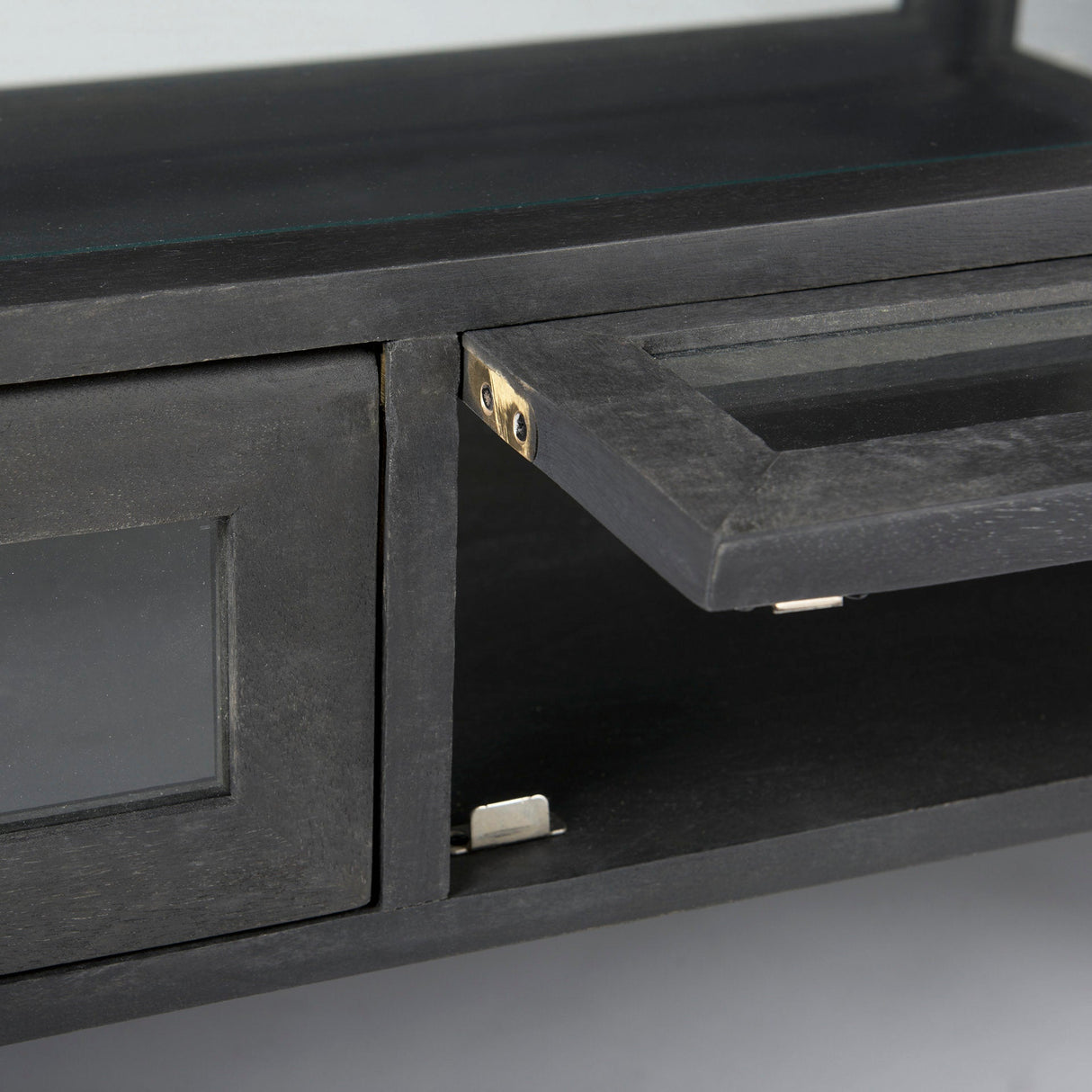 Arelius 42"L Rectangular Glass-Top Black-Brown Wood w/ Black Metal Base Display Coffee Table by Mercana at Eve Furniture