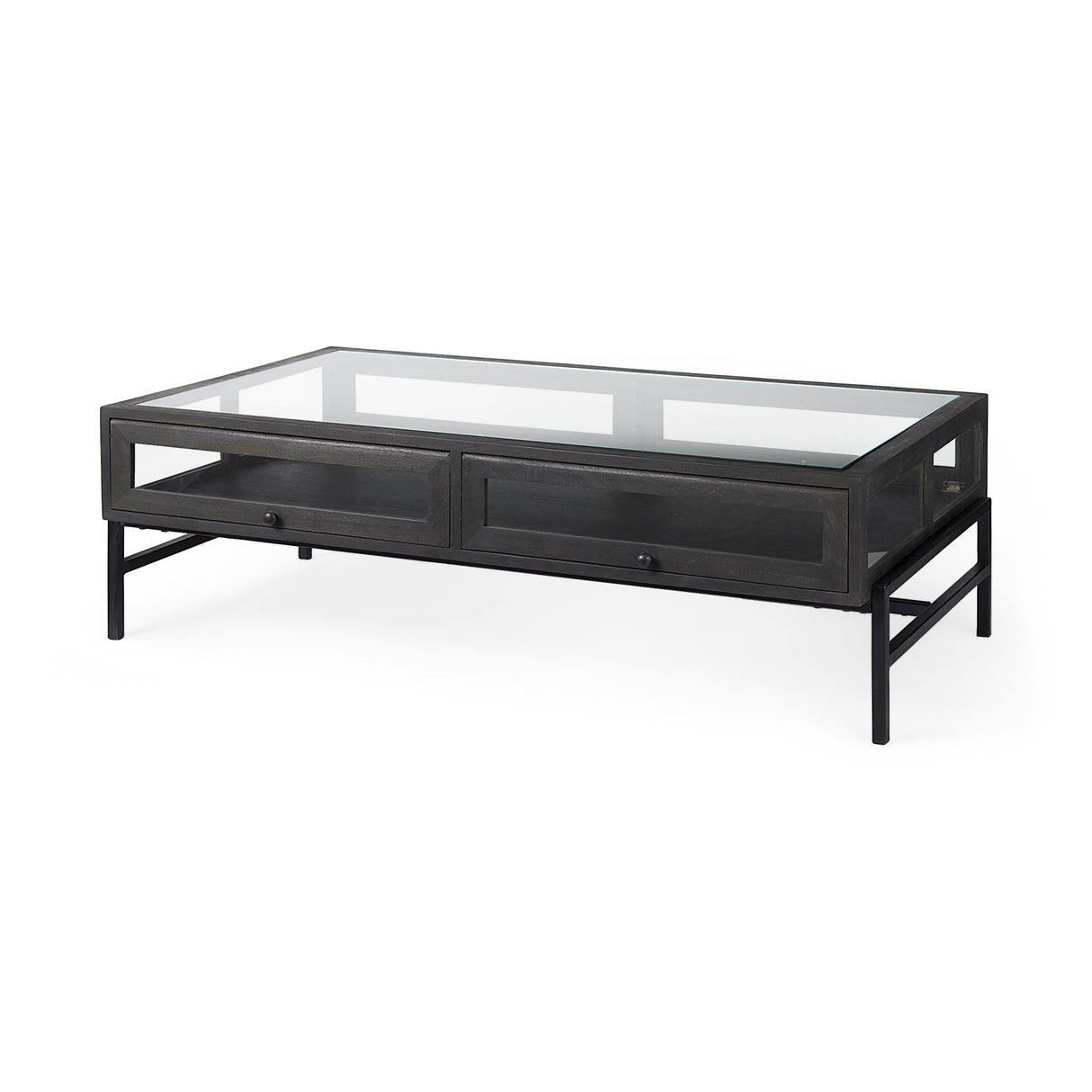 Arelius 42"L Rectangular Glass-Top Black-Brown Wood w/ Black Metal Base Display Coffee Table by Mercana at Eve Furniture