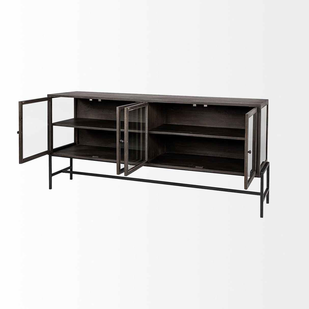 Arelius Black-Brown Wood, Black Metal Base w/ 4 Glass Cabinet Doors Sideboard by Mercana at Eve Furniture