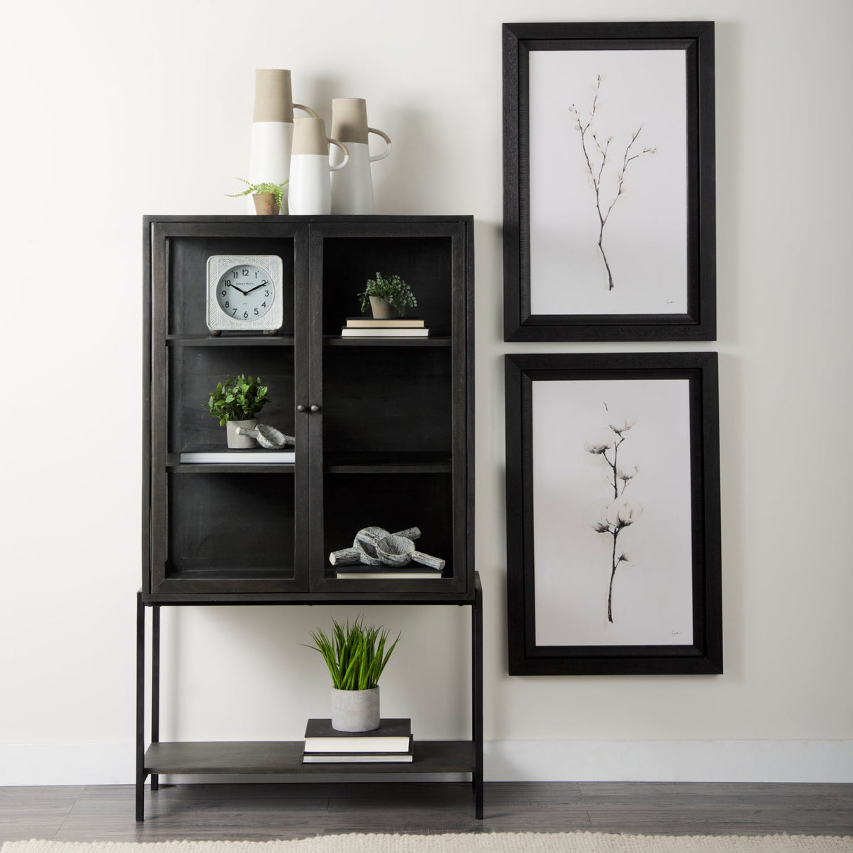 Arelius Black-Brown Wood W/ Black Metal Base Display Cabinet by Mercana at Eve Furniture