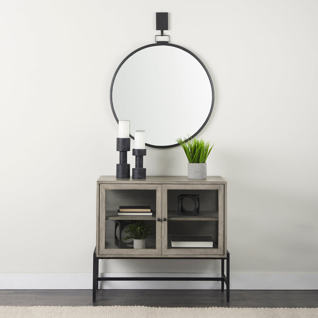Arelius Gray Wood, Black Metal Base w/ 2 Glass Doors Accent Cabinet by Mercana at Eve Furniture
