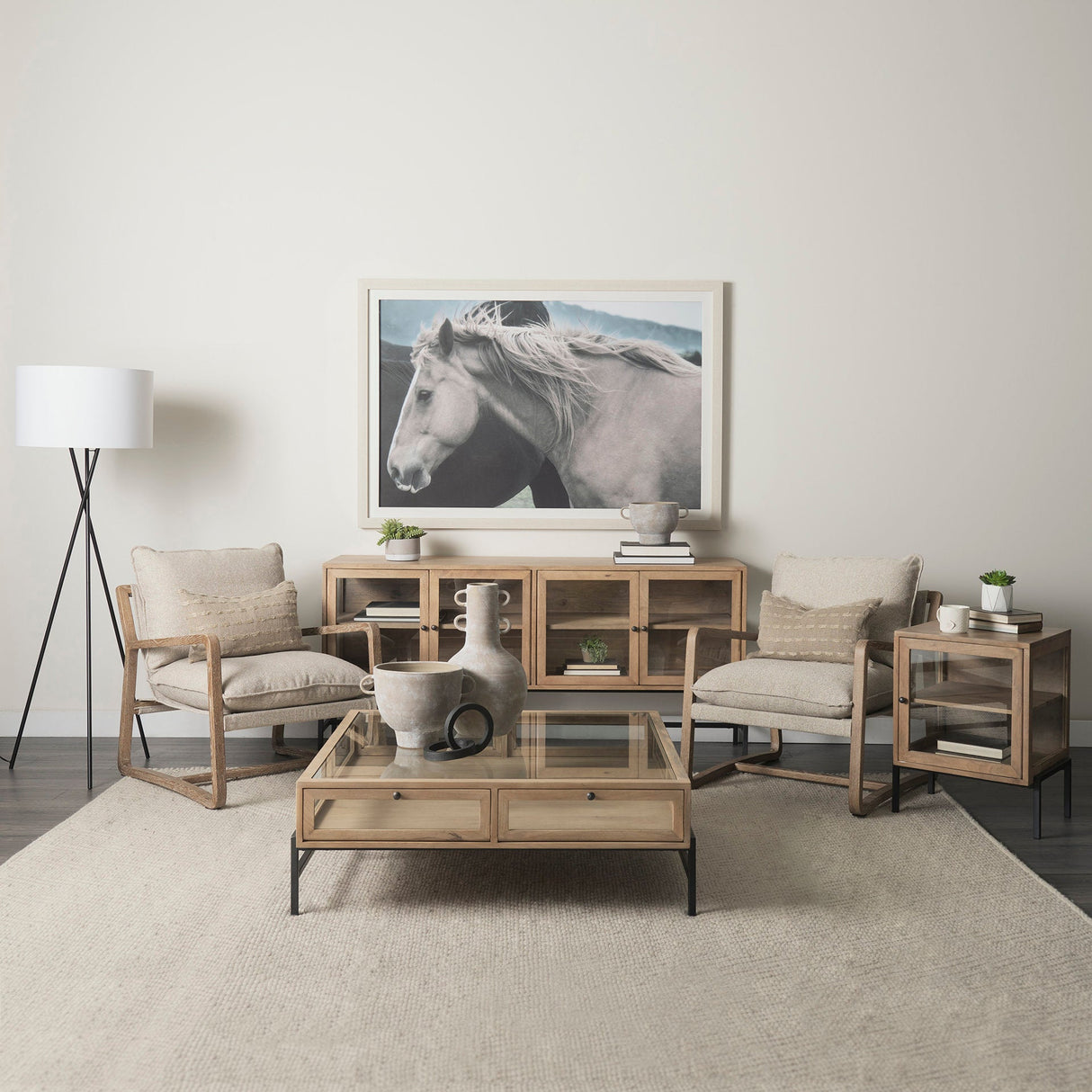 Arelius Light Brown Wood, Black Metal Base w/ 4 Glass Cabinet Doors Sideboard by Mercana at Eve Furniture