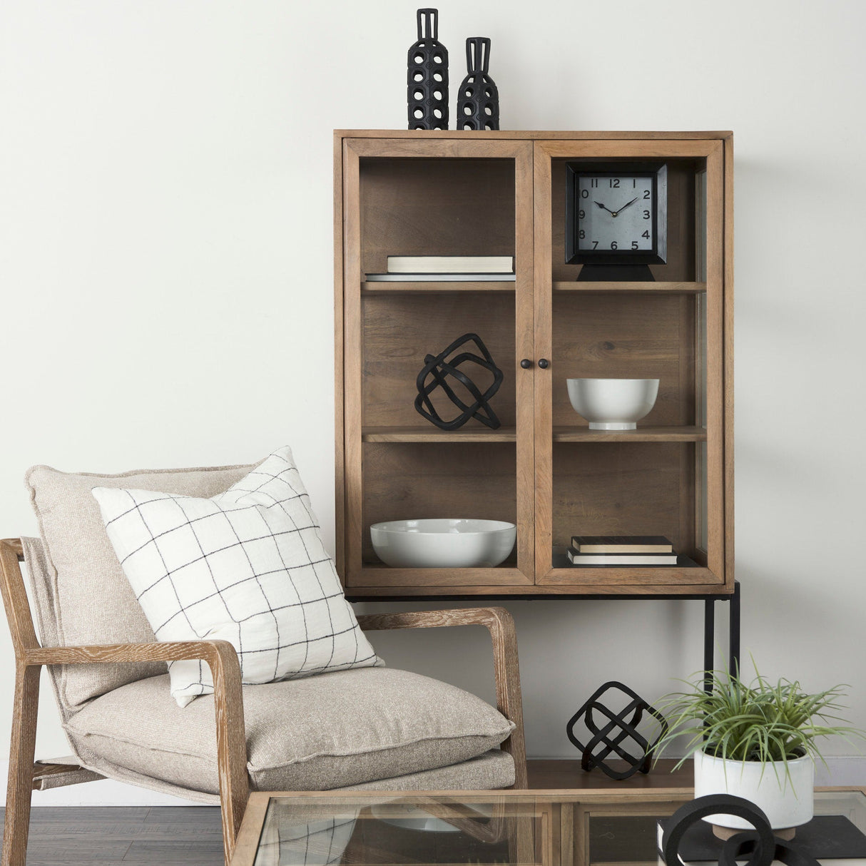 Arelius Light Brown Wood W/ Black Metal Base Display Cabinet by Mercana at Eve Furniture