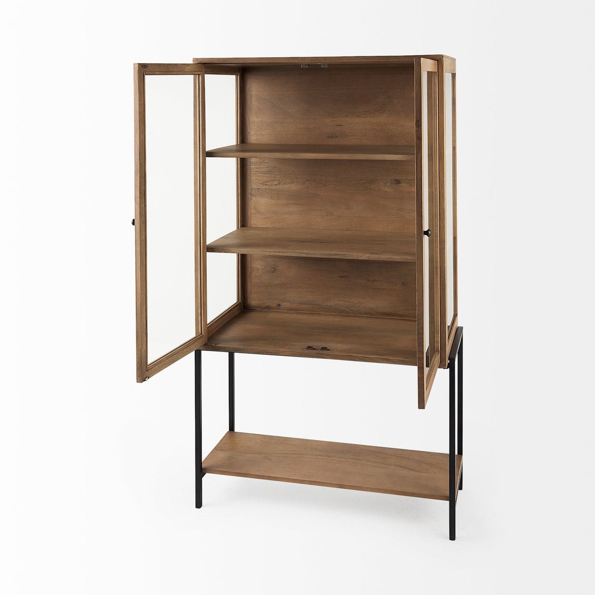 Arelius Light Brown Wood W/ Black Metal Base Display Cabinet by Mercana at Eve Furniture