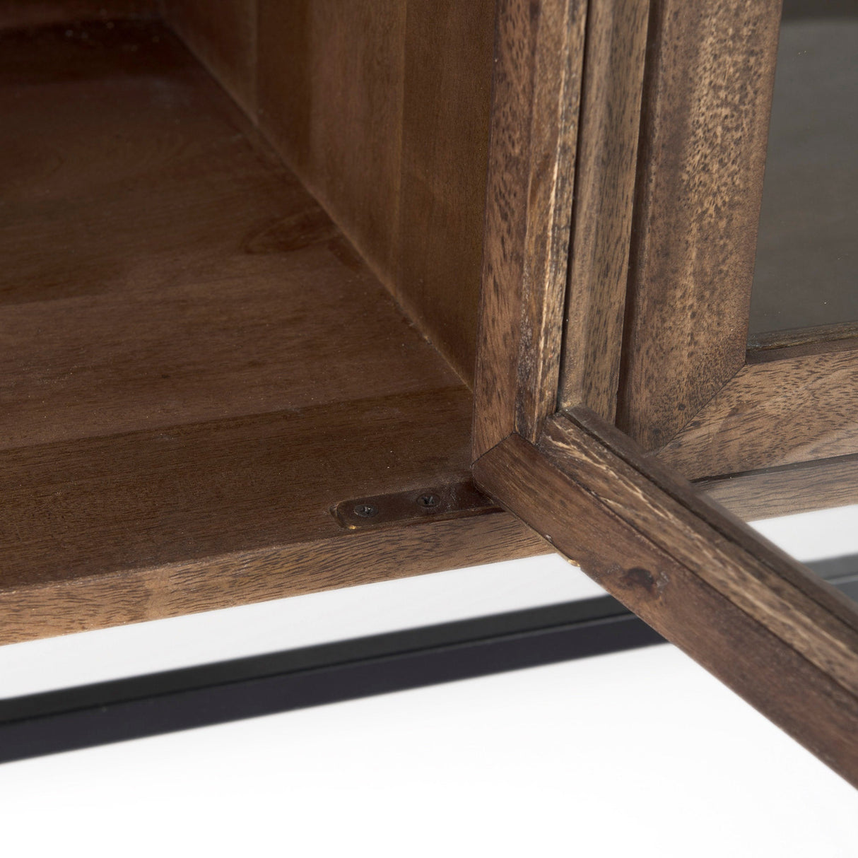 Arelius Medium Brown, Black Metal Base w/ 4 Glass Door Cabinets Sideboard by Mercana at Eve Furniture