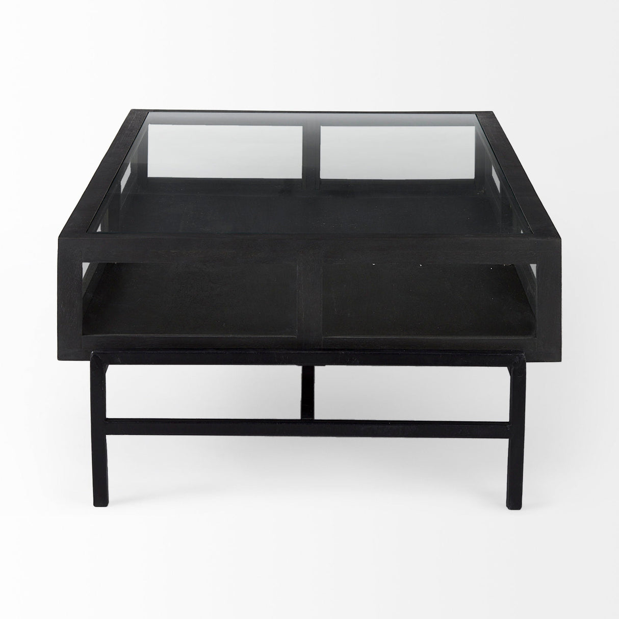 Arelius Rectangular Glass-Top Black-Brown Wood w/ Black Metal Base Display Coffee Table by Mercana at Eve Furniture