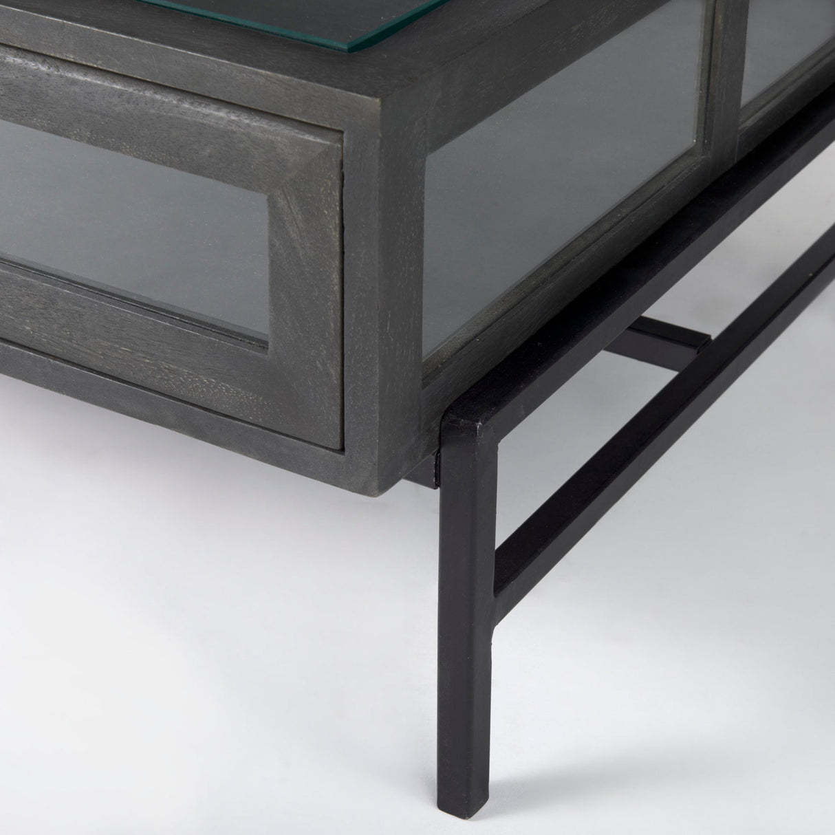 Arelius Rectangular Glass-Top Black-Brown Wood w/ Black Metal Base Display Coffee Table by Mercana at Eve Furniture