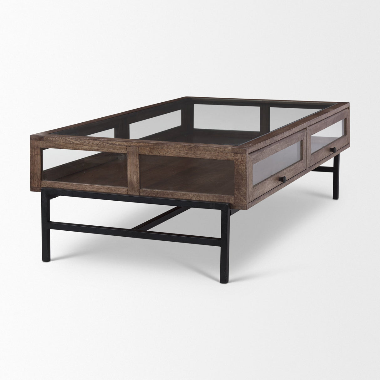 Arelius Rectangular Glass-Top Medium Brown Wood w/ Black Metal Base Display Coffee Table by Mercana at Eve Furniture