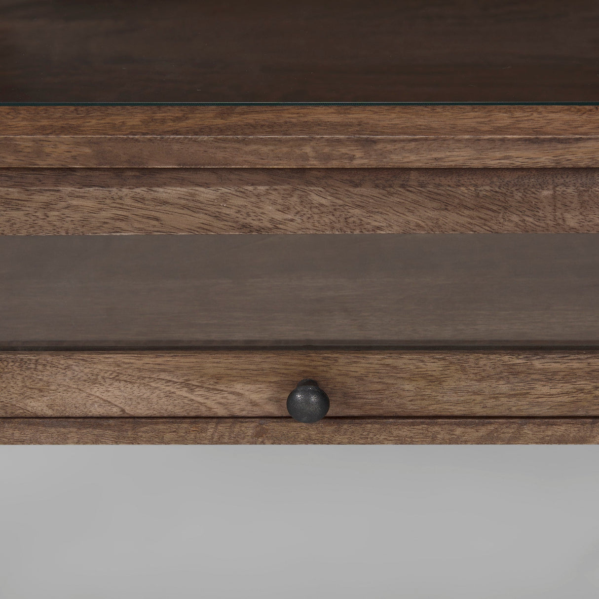 Arelius Rectangular Glass-Top Medium Brown Wood w/ Black Metal Base Display Coffee Table by Mercana at Eve Furniture