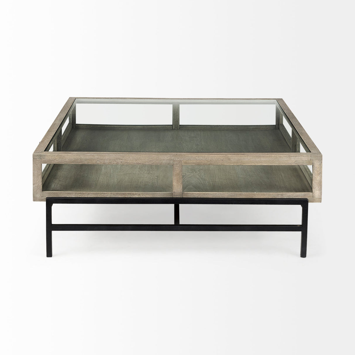 Arelius Square Glass-Top Gray Wood w/ Black Metal Base Display Coffee Table by Mercana at Eve Furniture