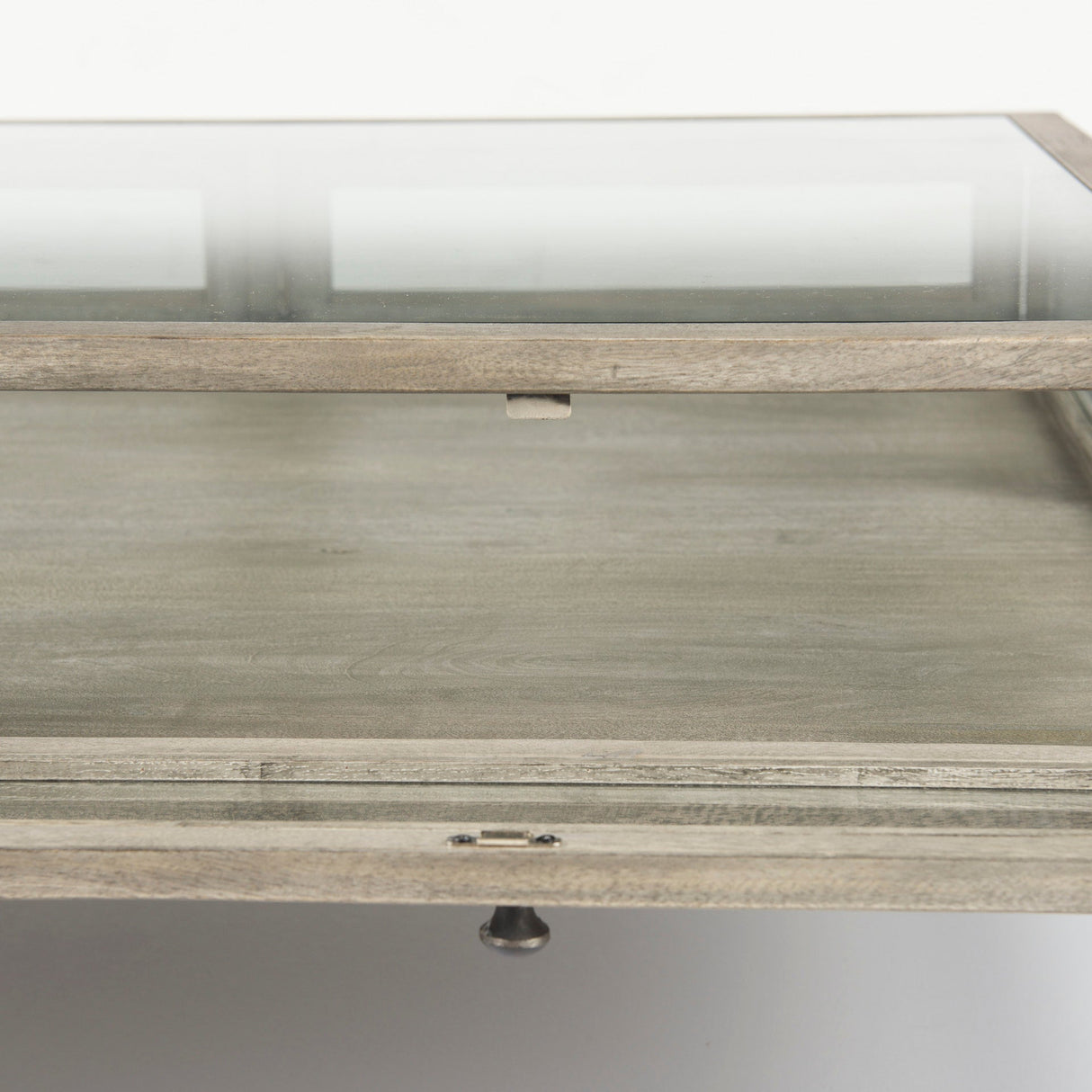 Arelius Square Glass-Top Gray Wood w/ Black Metal Base Display Coffee Table by Mercana at Eve Furniture