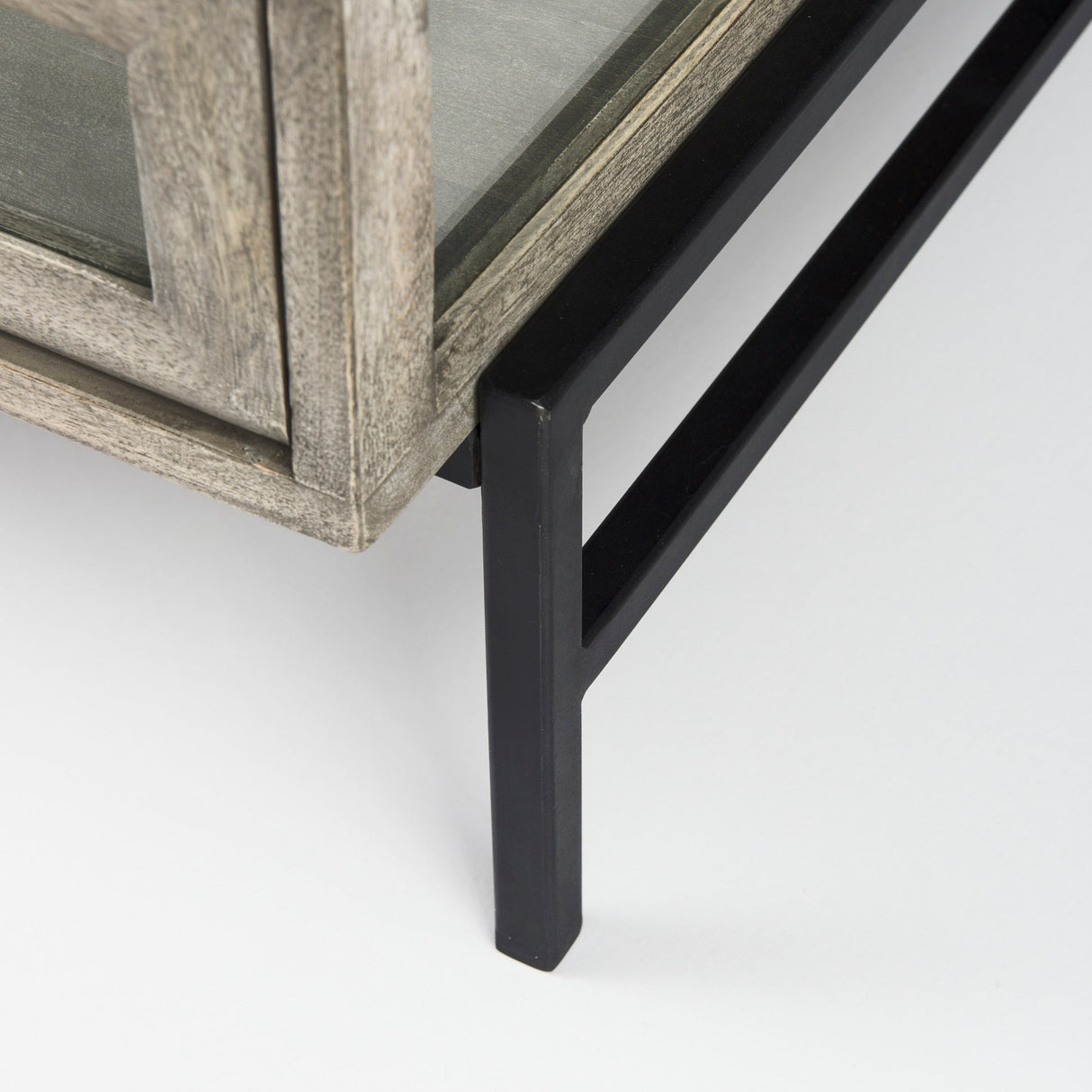 Arelius Square Glass-Top Gray Wood w/ Black Metal Base Display Coffee Table by Mercana at Eve Furniture
