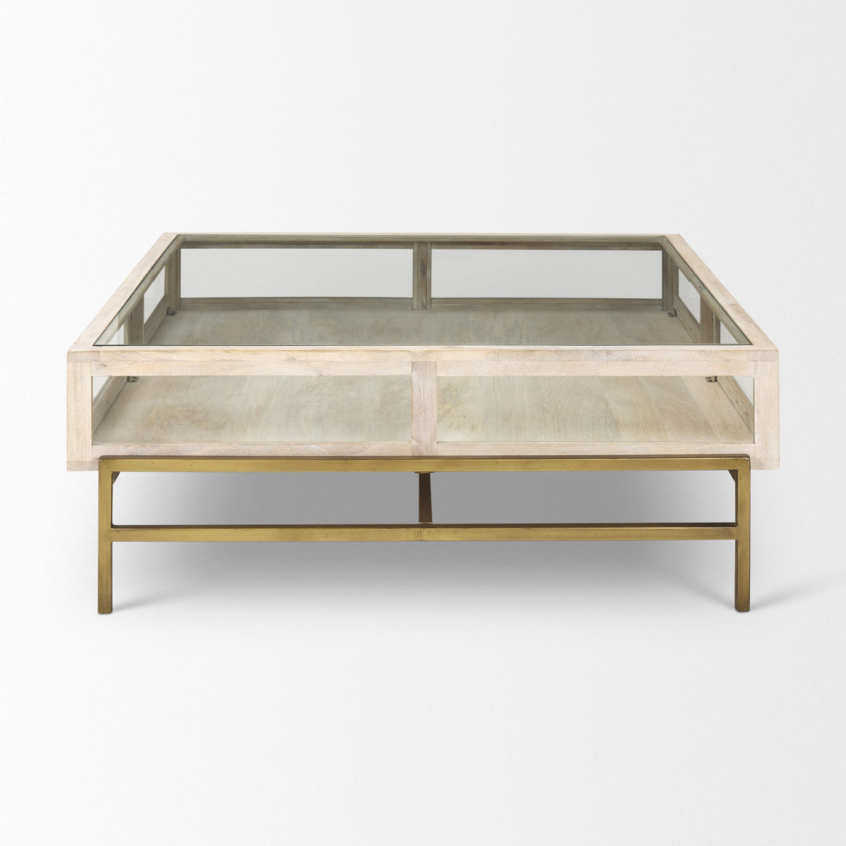 Arelius Square Glass-Top White Wood w/ Gold Metal Base Display Coffee Table by Mercana at Eve Furniture