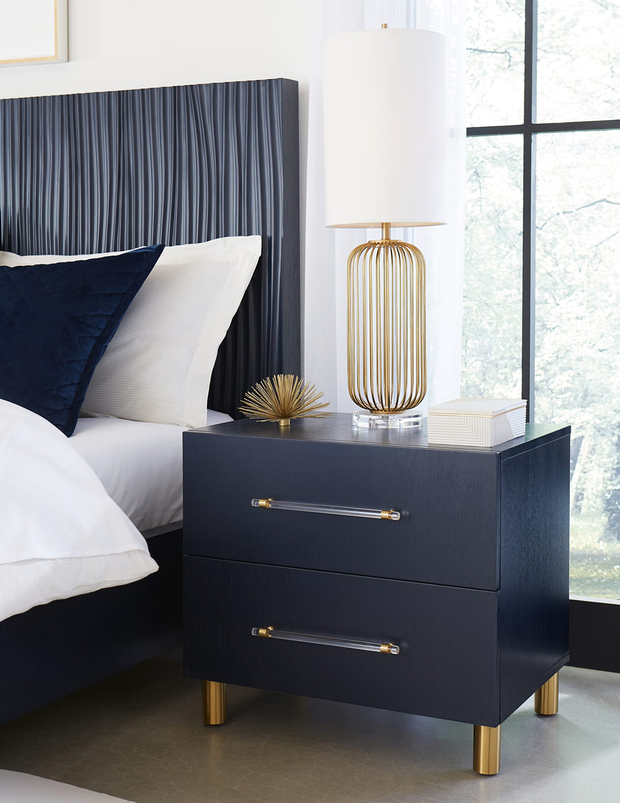 Argento Navy Blue/Burnished Brass Two Drawer USB Charging Nightstand by Modus Furniture at Eve Furniture