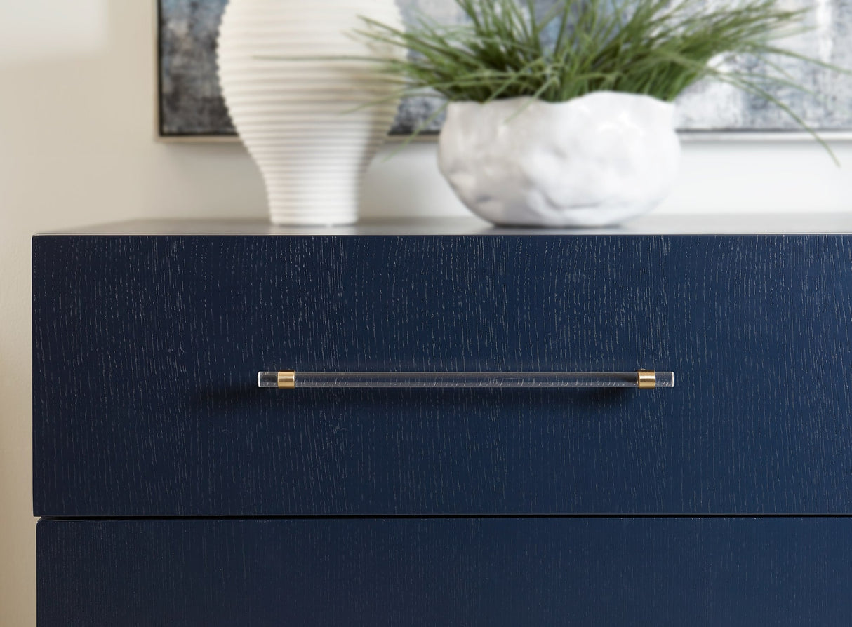Argento Navy Blue/Burnished Brass Two Drawer USB Charging Nightstand by Modus Furniture at Eve Furniture