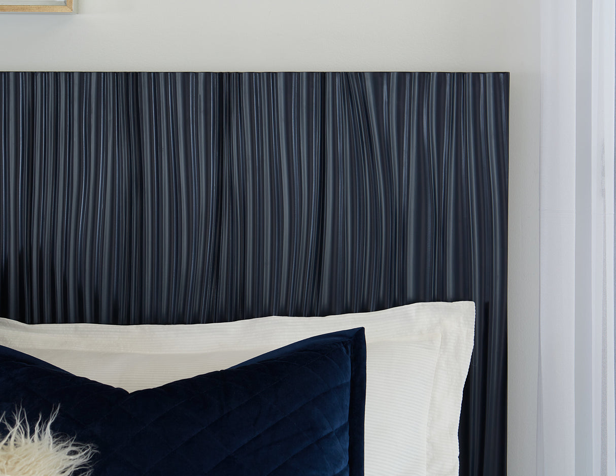 Argento Wave-Patterned Queen Bed in Navy Blue and Burnished Brass by Modus Furniture at Eve Furniture