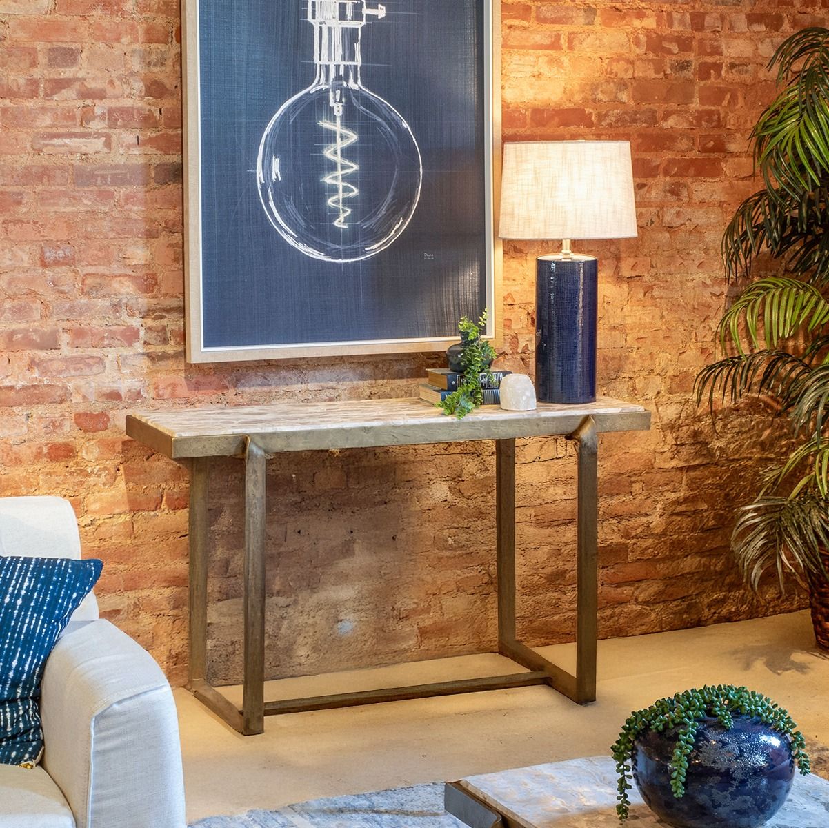 Argos 52" Console Table with Capri Beige Marble Top and Antique Brass Base by Home Trends & Design at Eve Furniture