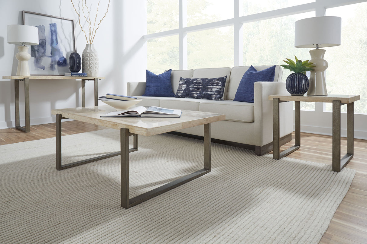 Ariela Natural Travertine Coffee Table with Bronze Metal Base by Modus Furniture at Eve Furniture