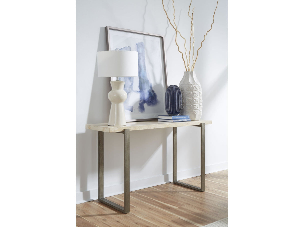 Ariela Natural Travertine Console Table with Bronze Metal Base by Modus Furniture at Eve Furniture