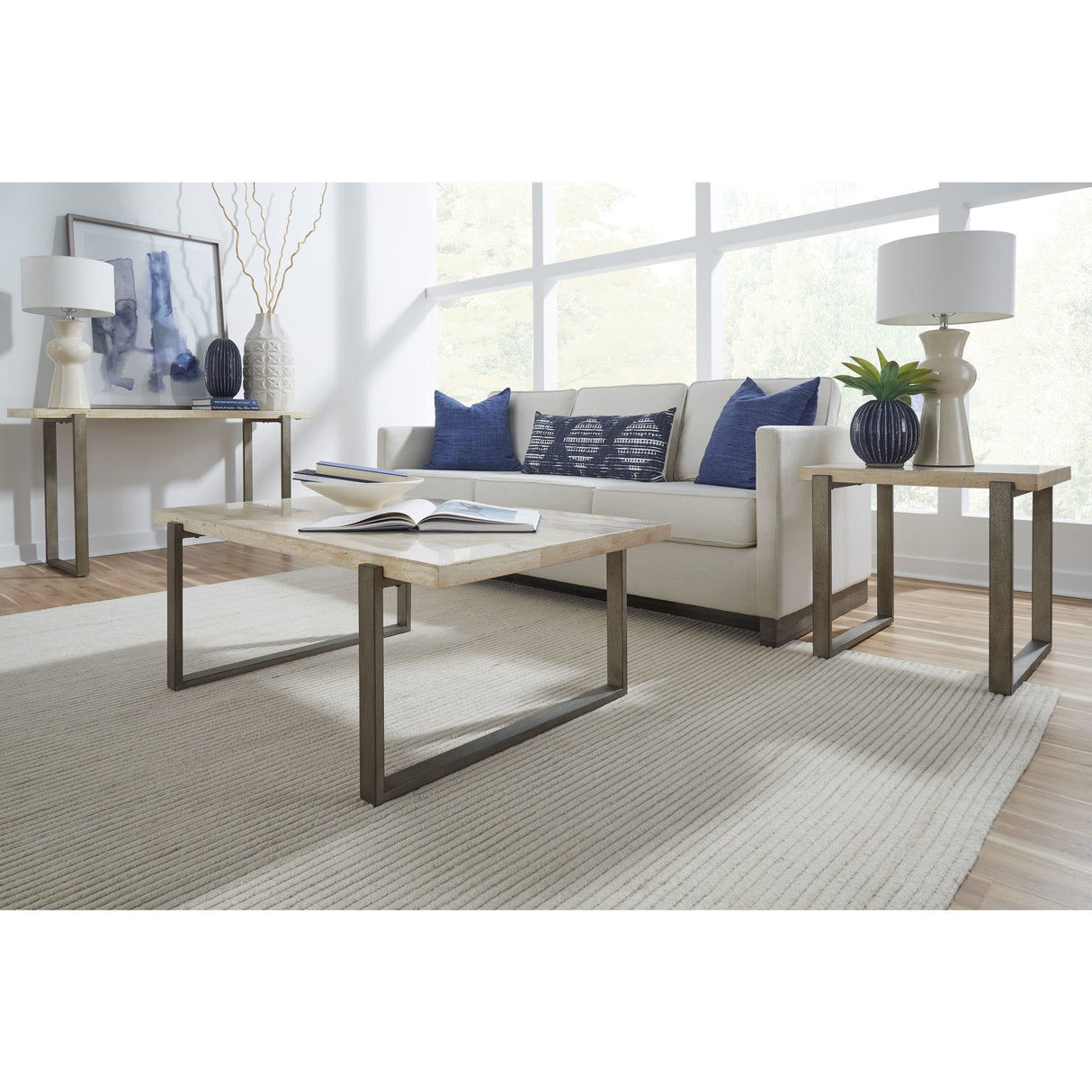 Ariela Natural Travertine End Table with Bronze Metal Base by Modus Furniture at Eve Furniture