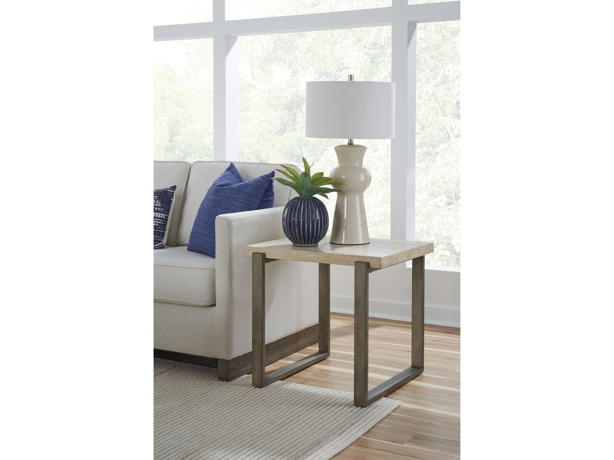 Ariela Natural Travertine End Table with Bronze Metal Base by Modus Furniture at Eve Furniture