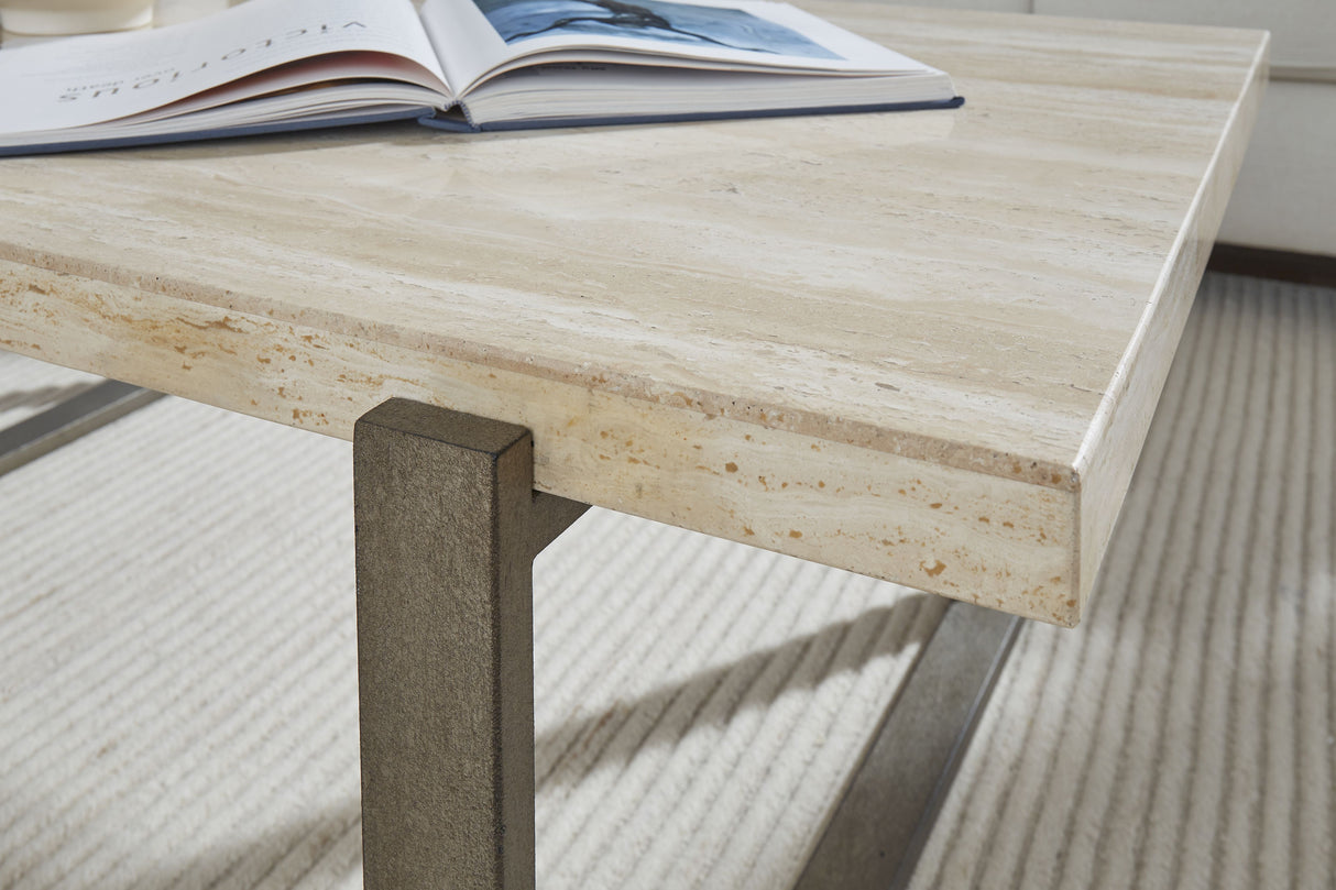 Ariela Natural Travertine End Table with Bronze Metal Base by Modus Furniture at Eve Furniture