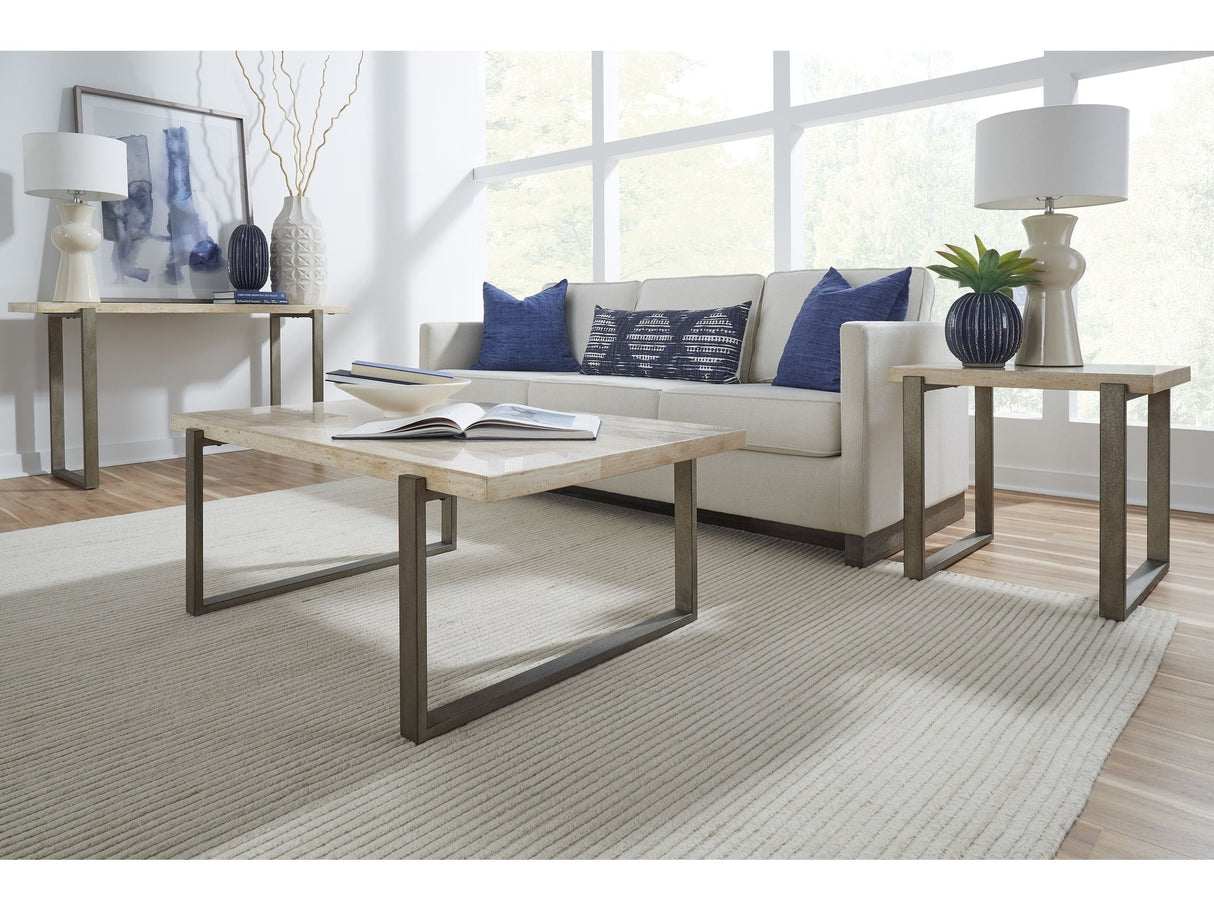 Ariela Natural Travertine End Table with Bronze Metal Base by Modus Furniture at Eve Furniture
