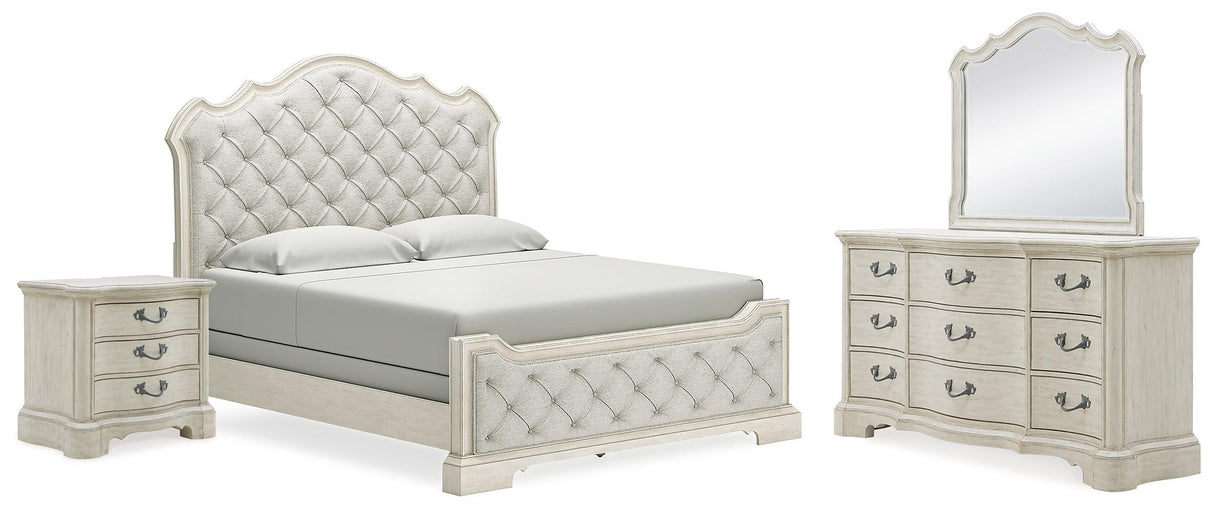 Arlendyne California King Upholstered Bed with Mirrored Dresser and Nightstand in Antique White by Ashley at Eve Furniture