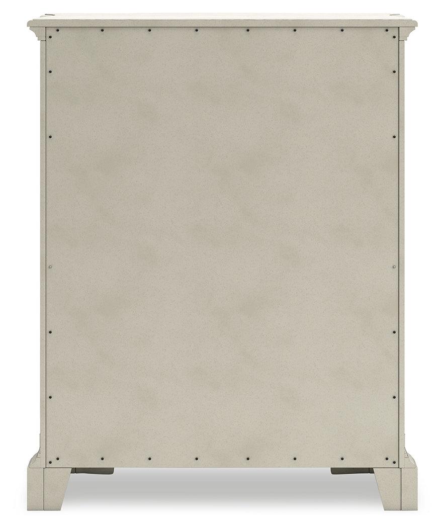 Arlendyne California King Upholstered Bed with Mirrored Dresser, Chest and 2 Nightstands in Antique White by Ashley at Eve Furniture