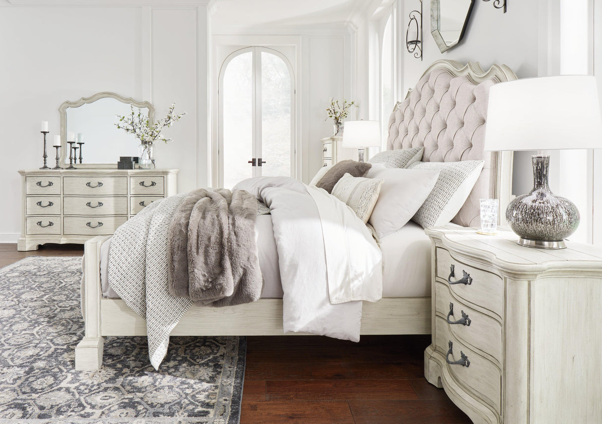 Arlendyne California King Upholstered Bed with Mirrored Dresser, Chest and 2 Nightstands in Antique White by Ashley at Eve Furniture