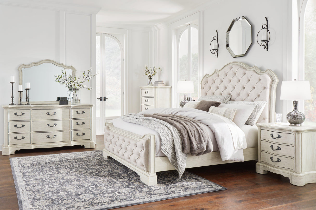 Arlendyne California King Upholstered Bed with Mirrored Dresser, Chest and 2 Nightstands in Antique White by Ashley at Eve Furniture