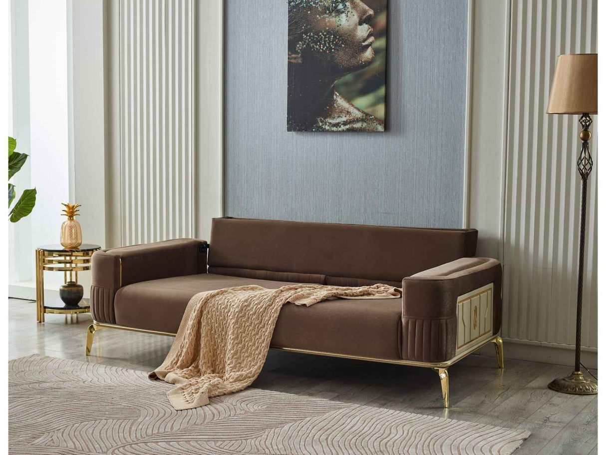 Armoni Brown Convertible Sofa with Gold Legs by Furnia at Eve Furniture