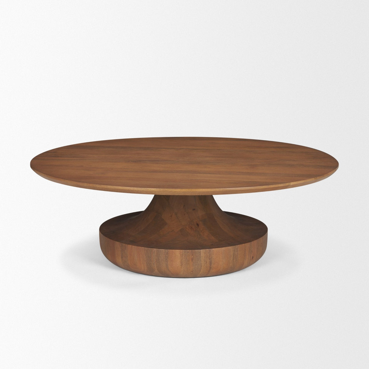 Arno Warm Mid-Brown Wood Sculptural Round Coffee Table by Mercana at Eve Furniture