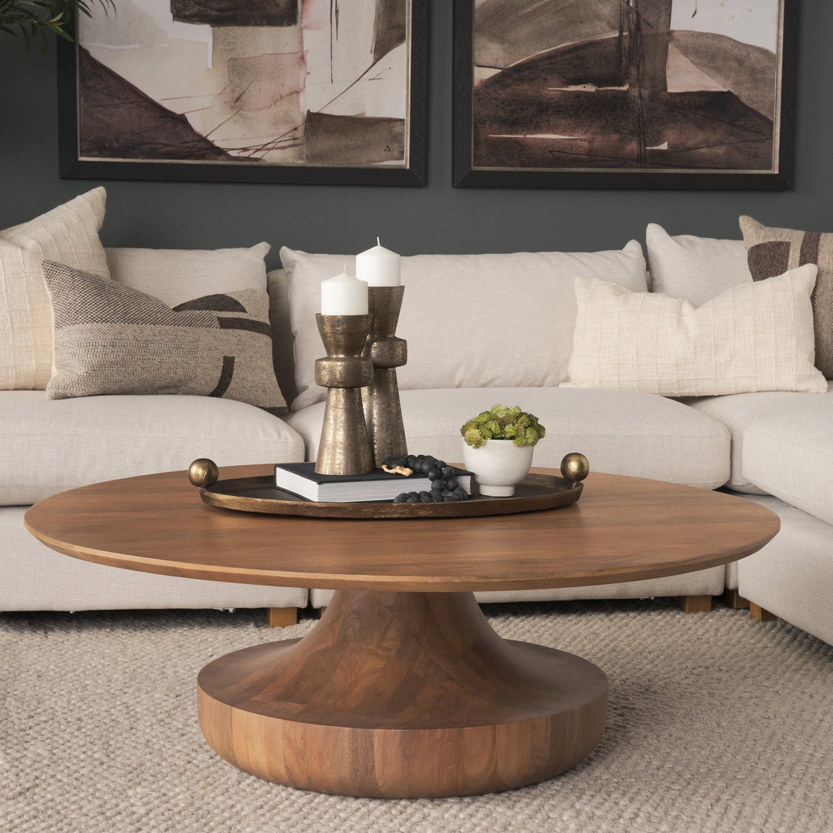 Arno Warm Mid-Brown Wood Sculptural Round Coffee Table by Mercana at Eve Furniture