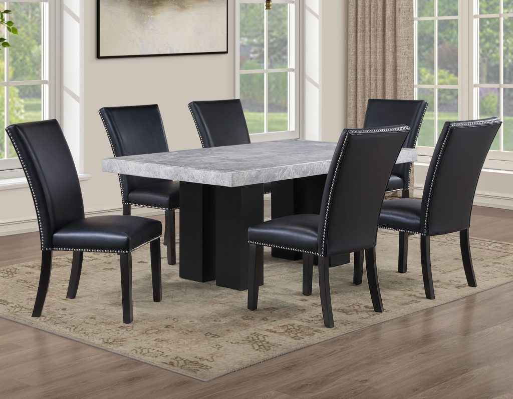 Artemis 5-Piece 70″ Rect Gray Marble Table, Black Finish w/4 Black Vegan Leather Chairs by Steve Silver at Eve Furniture