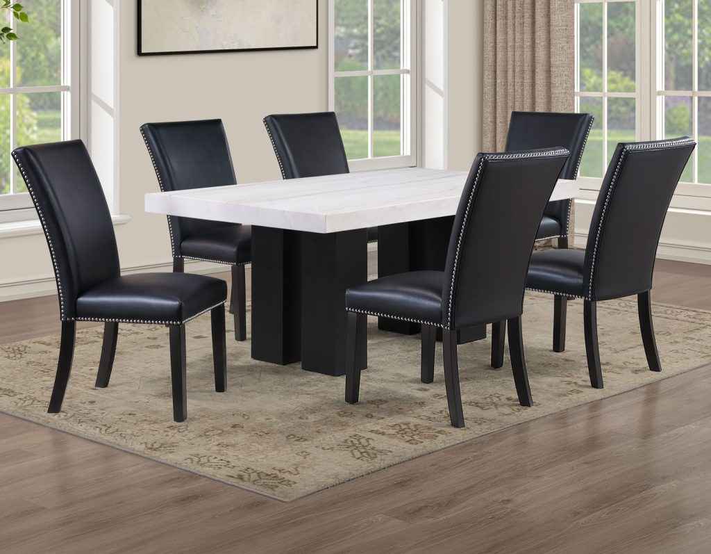 Artemis 5 Piece 70″ Rect White Marble Table, Black Finish w/4 Black Vegan Leather Chairs by Steve Silver at Eve Furniture