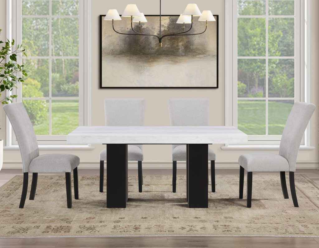 Artemis 5 Piece 70″ Rect White Marble Table, Black Finish w/4 Gray Chenille Chairs by Steve Silver at Eve Furniture