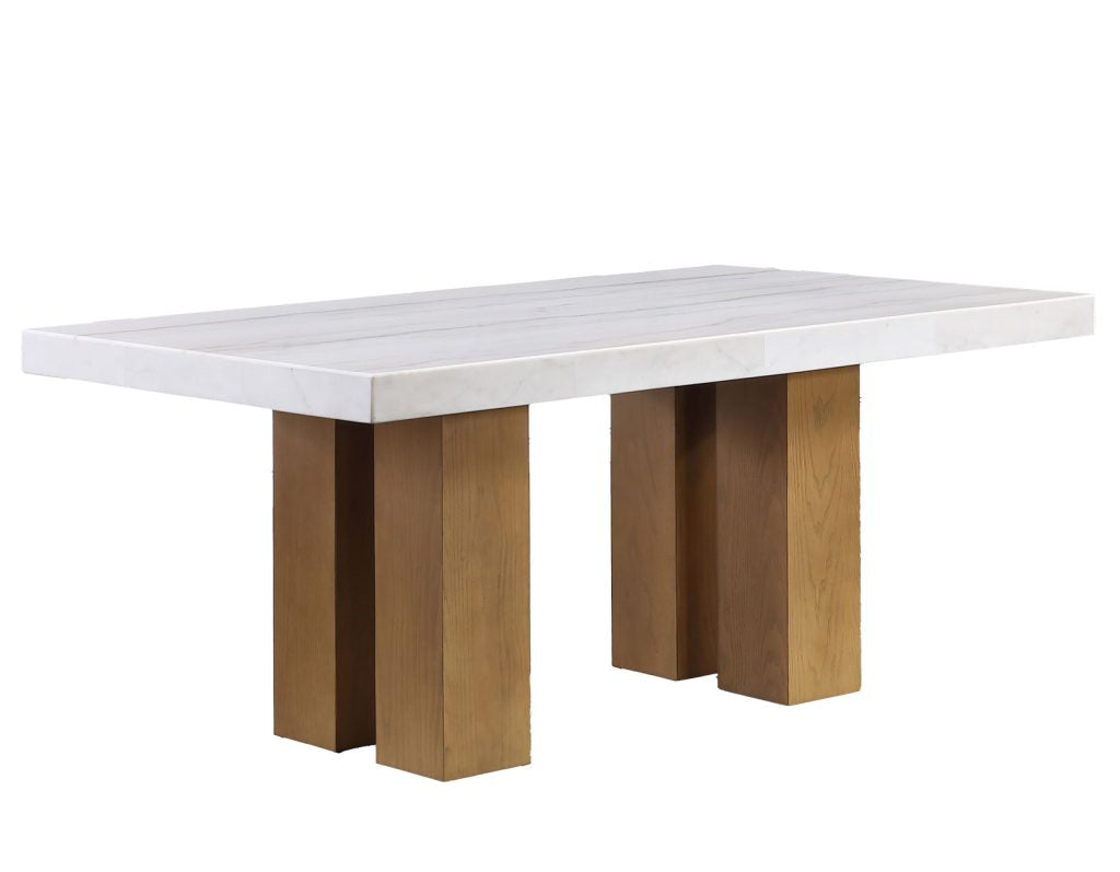 Artemis 5 Piece 70″ Rect White Marble Table, Tan Finish w/4 Beige Chenille Chairs by Steve Silver at Eve Furniture
