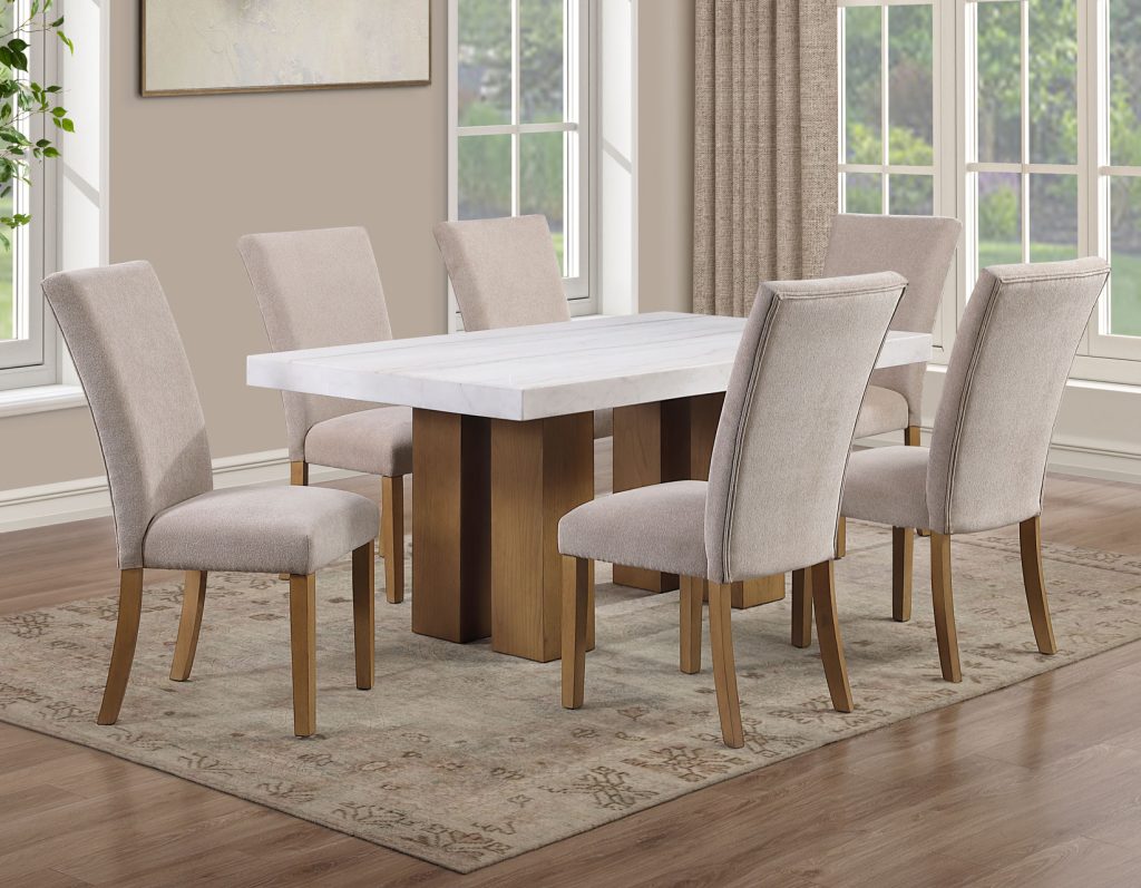 Artemis 5 Piece 70″ Rect White Marble Table, Tan Finish w/4 Beige Chenille Chairs by Steve Silver at Eve Furniture