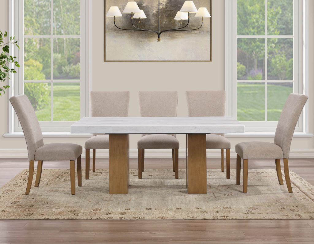 Artemis 5 Piece 70″ Rect White Marble Table, Tan Finish w/4 Beige Chenille Chairs by Steve Silver at Eve Furniture