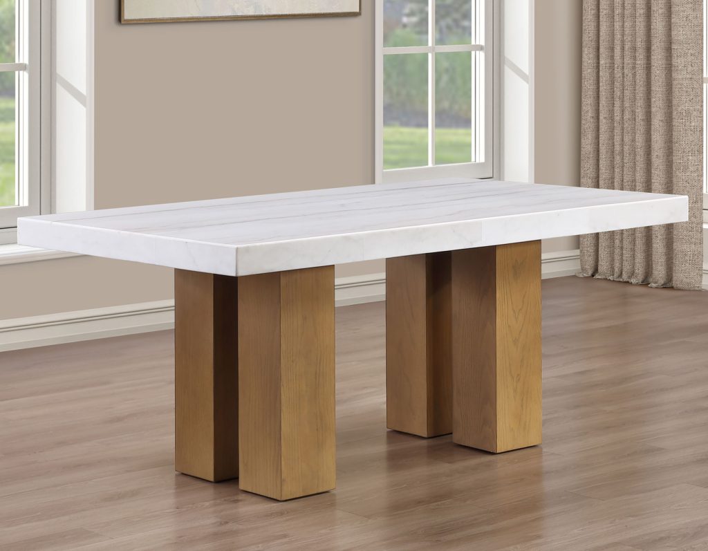 Artemis 5 Piece 70″ Rect White Marble Table, Tan Finish w/4 Beige Chenille Chairs by Steve Silver at Eve Furniture