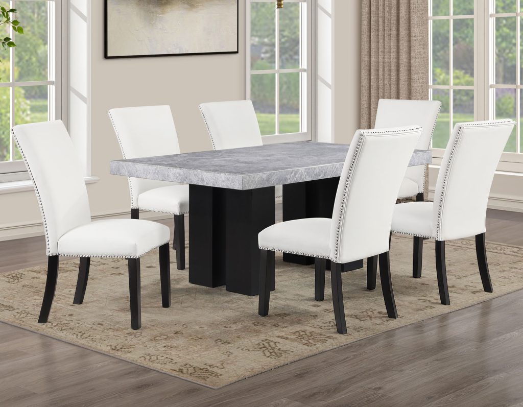 Artemis 5-Piece Dining Room Set 70″ Rect Gray Marble Table, Black Finish w/4 White Vegan Leather Chairs by Steve Silver at Eve Furniture