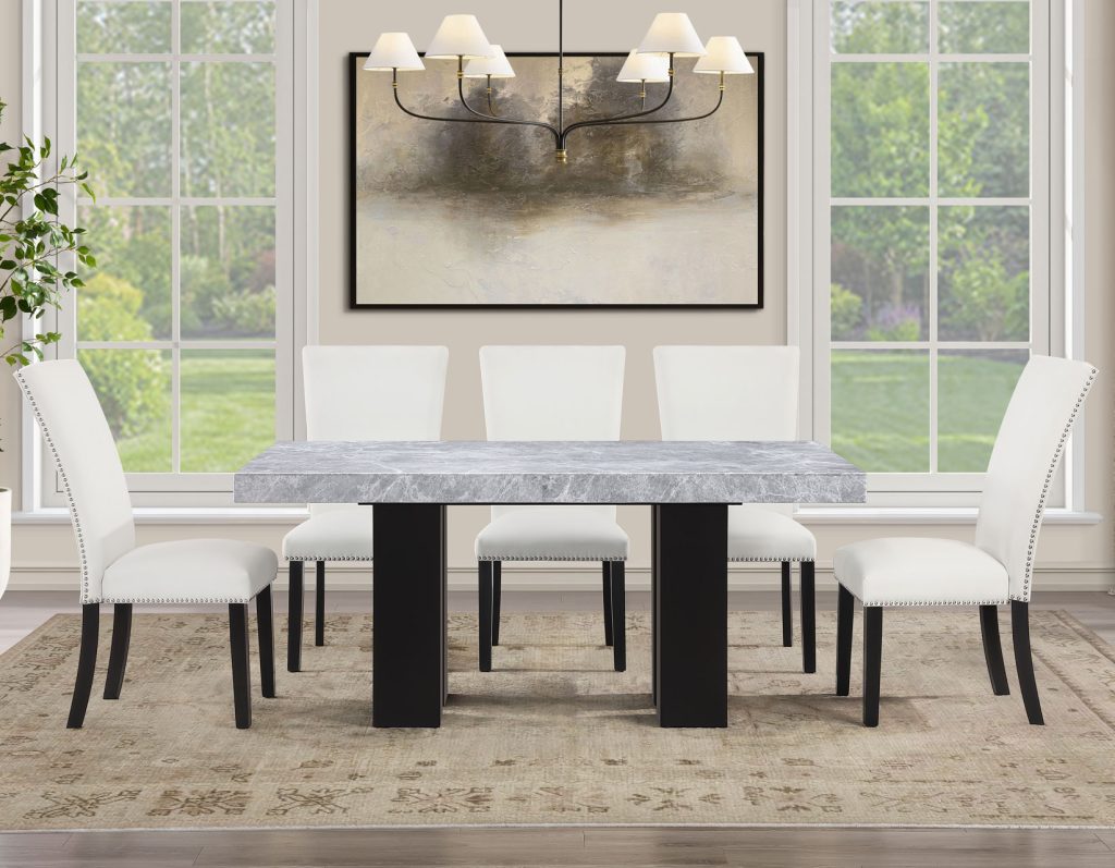 Artemis 5-Piece Dining Room Set 70″ Rect Gray Marble Table, Black Finish w/4 White Vegan Leather Chairs by Steve Silver at Eve Furniture