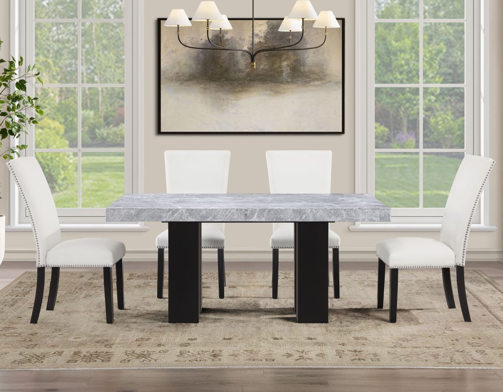 Artemis 5-Piece Dining Room Set 70″ Rect Gray Marble Table, Black Finish w/4 White Vegan Leather Chairs by Steve Silver at Eve Furniture