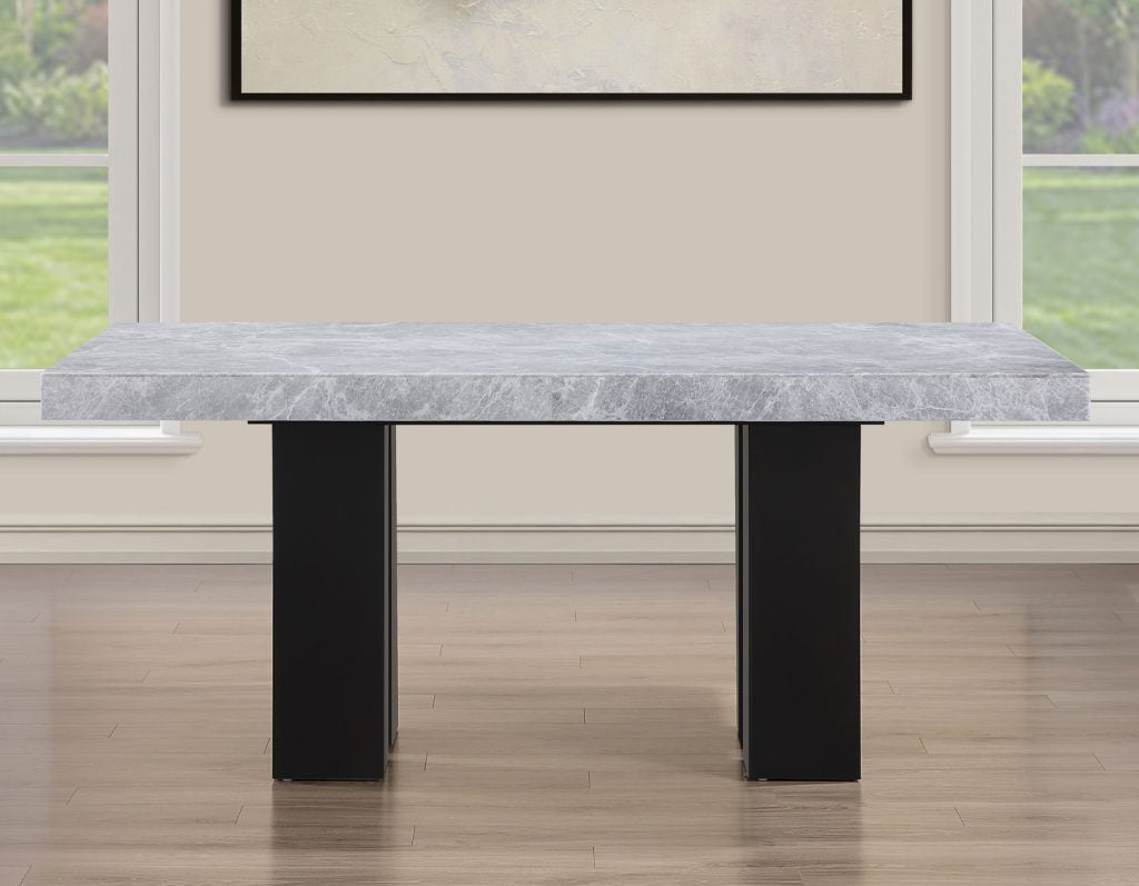 Artemis 5-Piece Dining Room Set 70″ Rect Gray Marble Table, Black Finish w/4 White Vegan Leather Chairs by Steve Silver at Eve Furniture