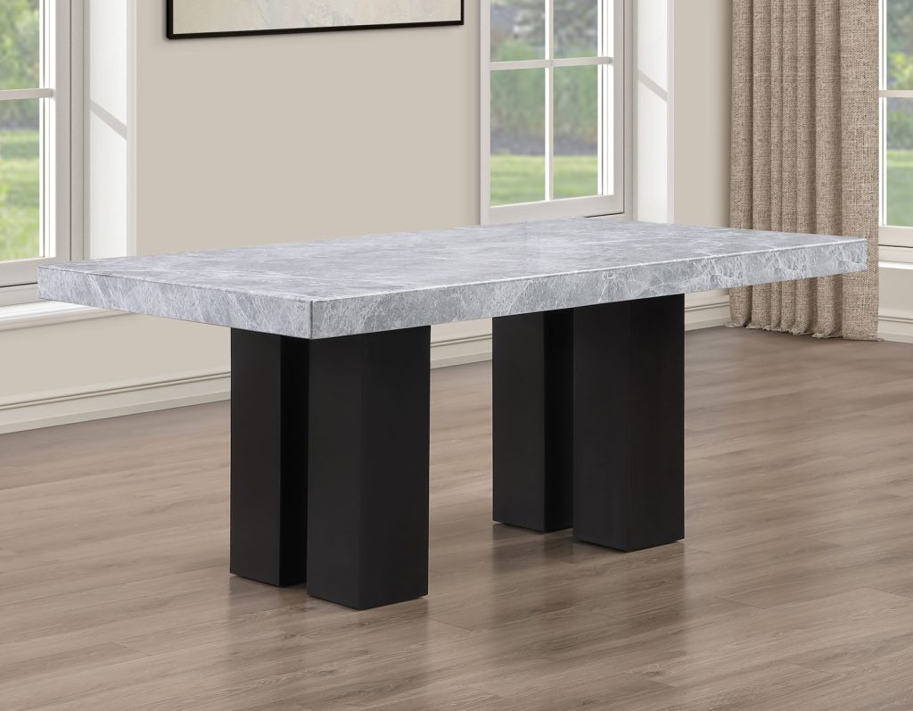 Artemis 5-Piece Dining Room Set 70″ Rect Gray Marble Table, Black Finish w/4 White Vegan Leather Chairs by Steve Silver at Eve Furniture