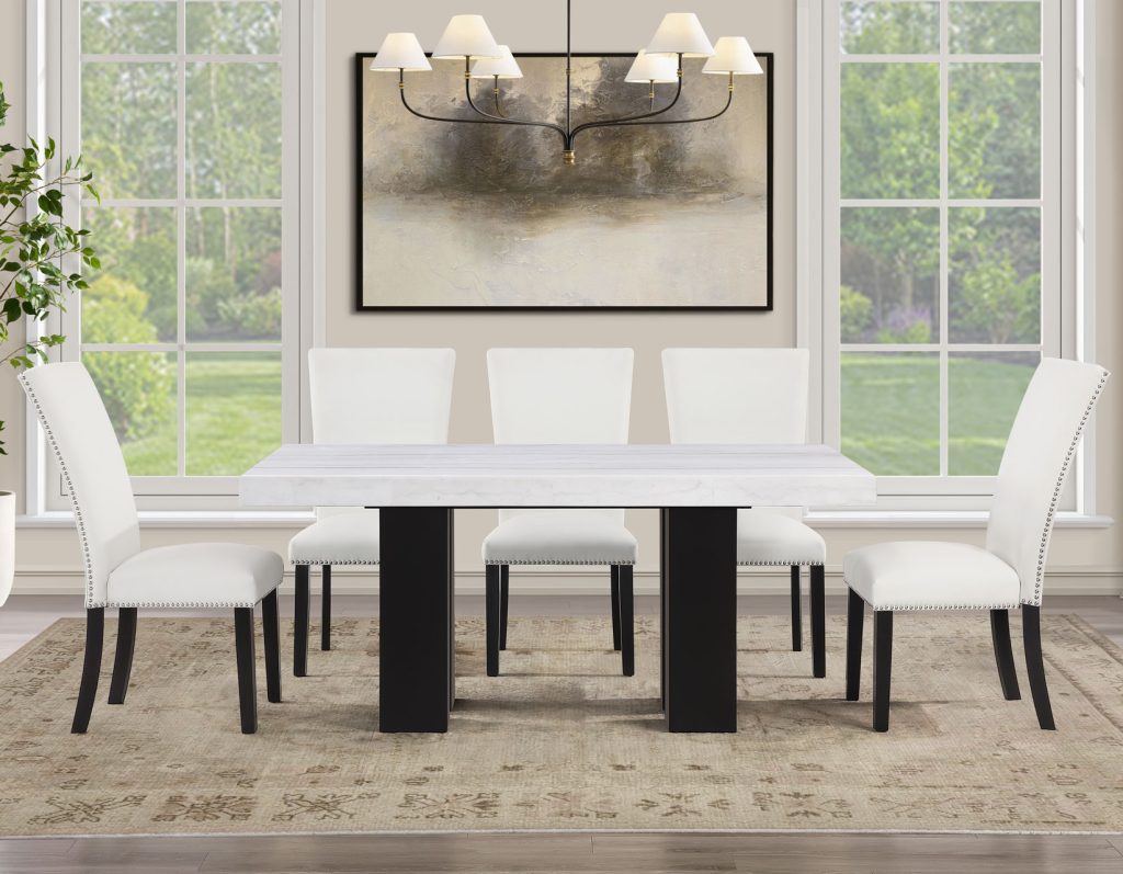 Artemis 5-Piece Dining Room Set 70″ Rect White Marble Table, Black Finish w/4 White Vegan Leather Chairs by Steve Silver at Eve Furniture