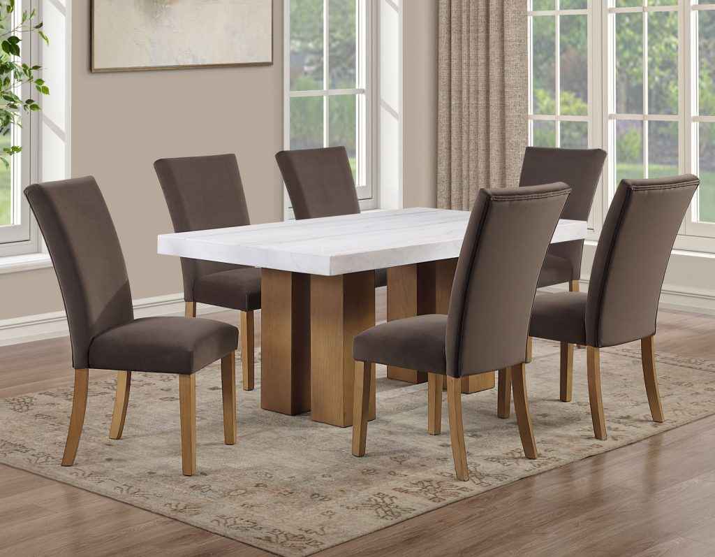 Artemis 70″ Rect White Marble Table, Tan Finish with 4 Brown Velvet Chairs by Steve Silver at Eve Furniture
